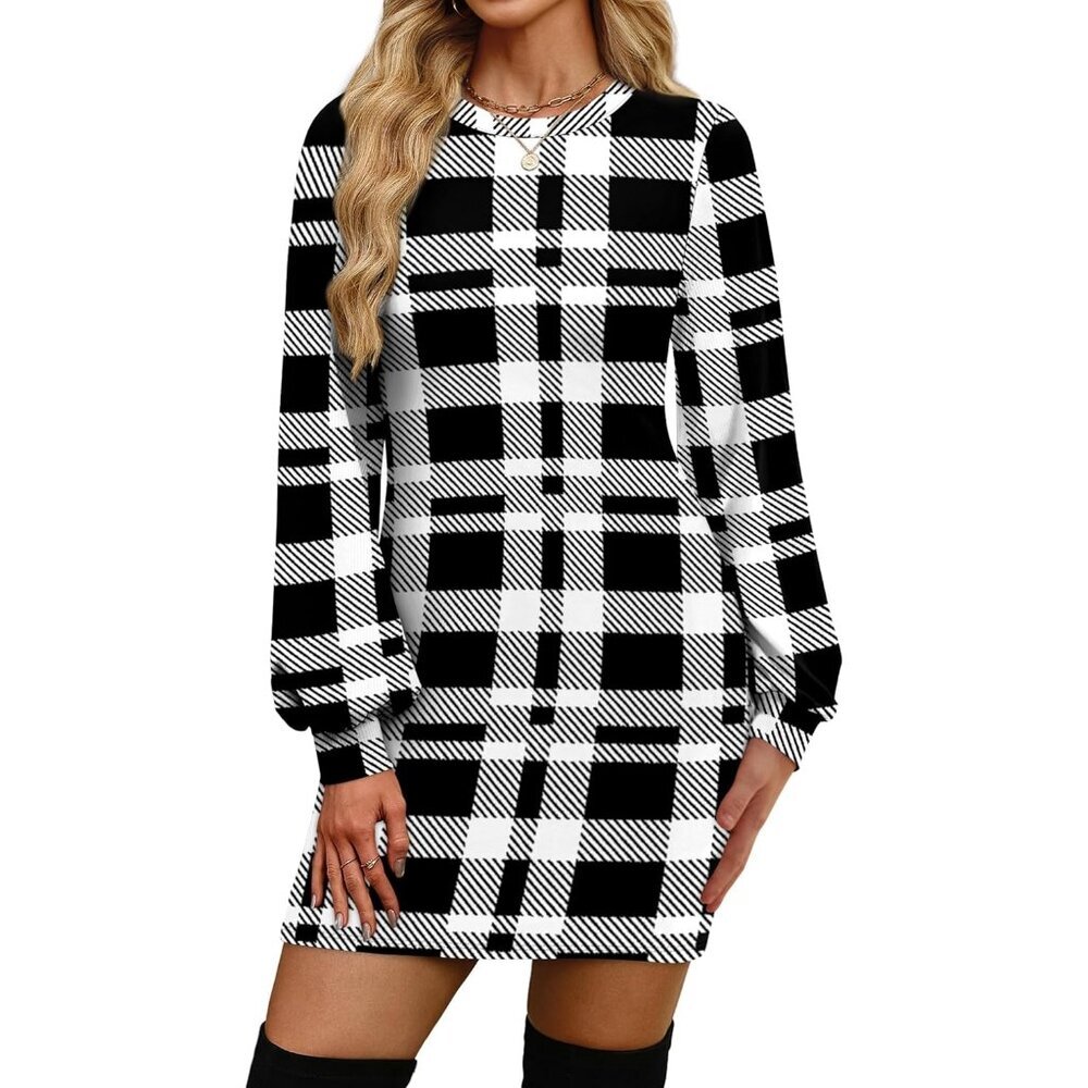Ofeefan Women Black Plaid Puff Long Sleeve Crewneck Bodycon Ribbed Sweater Dress